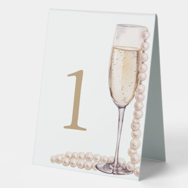 Elegant Gold Pearls and Prosecco Bridal Shower Table Tent (Front)