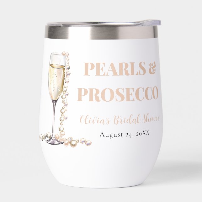Elegant Gold Pearls and Prosecco Bridal Shower Thermal Wine Tumbler (Left)