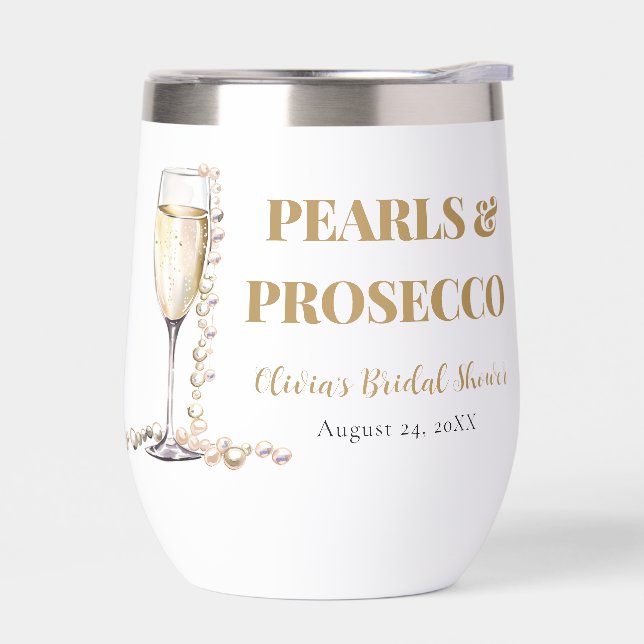 Elegant Gold Pearls and Prosecco Bridal Shower Thermal Wine Tumbler (Left)