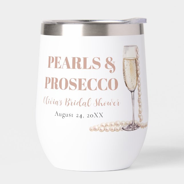 Elegant Gold Pearls and Prosecco Bridal Shower Thermal Wine Tumbler (Left)