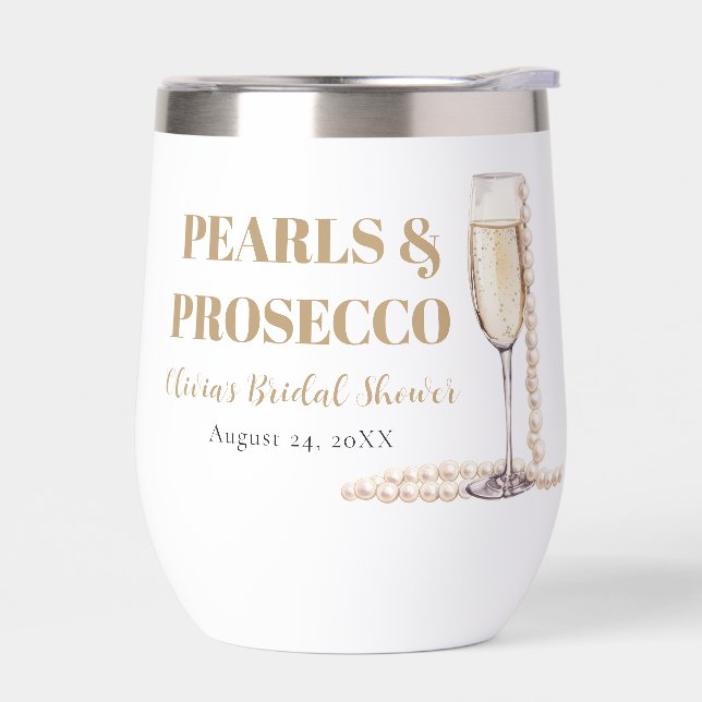 Elegant Gold Pearls and Prosecco Bridal Shower Thermal Wine Tumbler (Left)