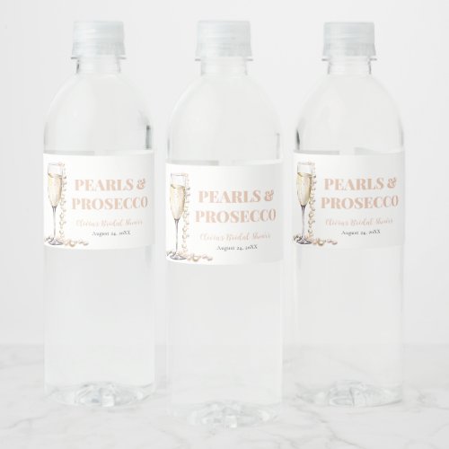 Elegant Gold Pearls and Prosecco Bridal Shower Water Bottle Label