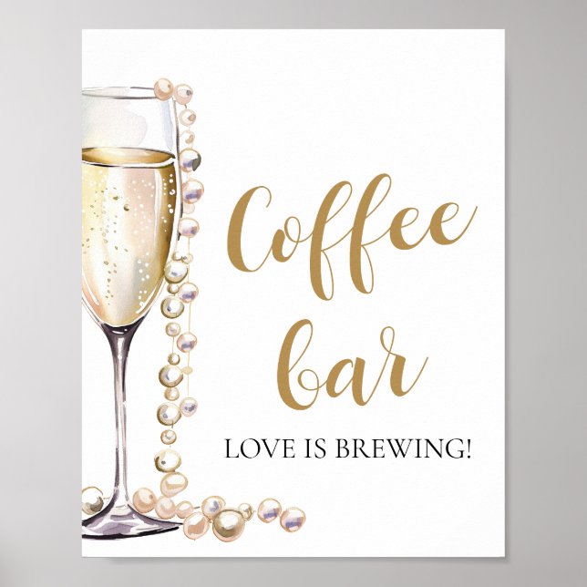 Elegant Gold Pearls and Prosecco Coffee Bar Sign (Front)