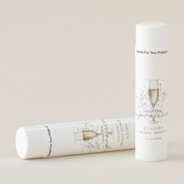 Elegant Gold Pearls & Prosecco Bridal Shower Lip Balm (Front)