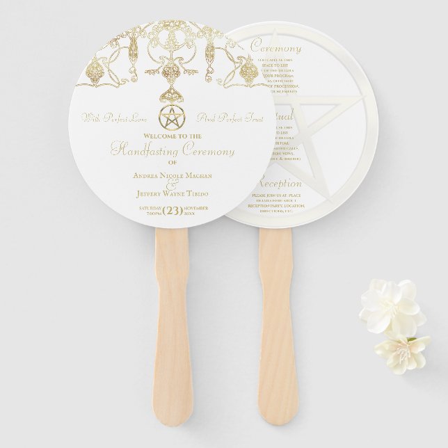Elegant Gold Pentacle Handfasting Hand Fan (Front and Back)