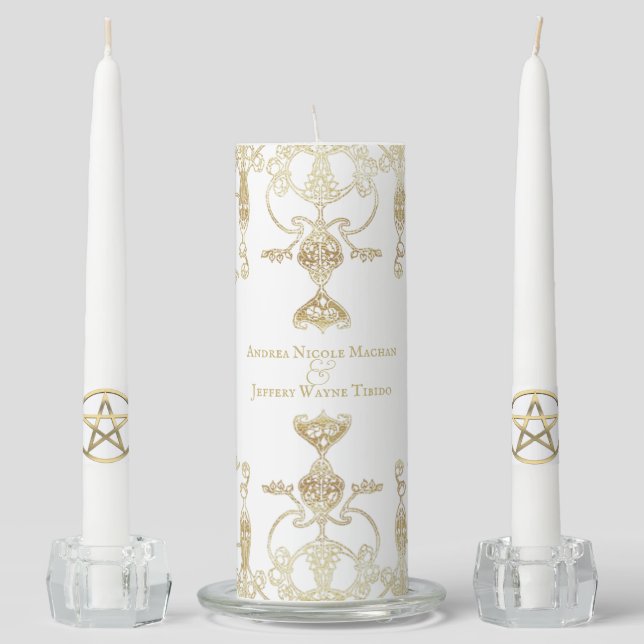 Elegant Gold Pentacle Pagan Handfasting Unity Candle Set (Front)