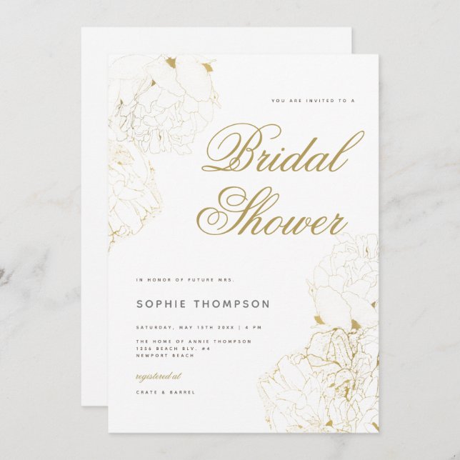Elegant Gold Peonies Floral Sketch Bridal Shower Invitation (Front/Back)