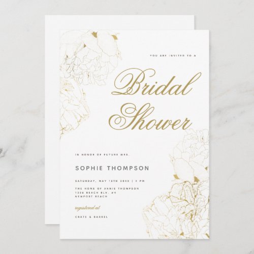 Elegant Gold Peonies Floral Sketch Bridal Shower Invitation