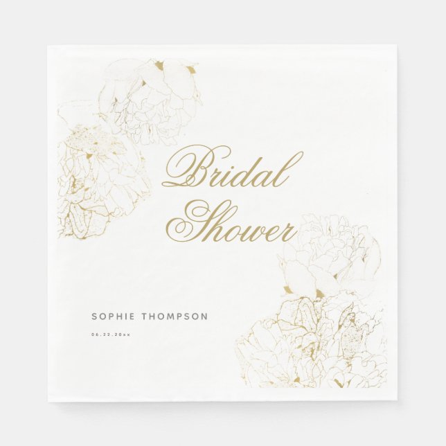 Elegant Gold Peonies Floral Sketch Bridal Shower Napkins (Front)