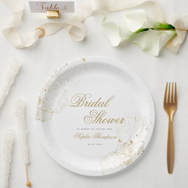 Elegant Gold Peonies Floral Sketch Bridal Shower Paper Plates (Wedding)