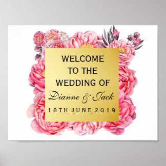 Elegant Gold & Peonies Floral Wedding Welcome Sign