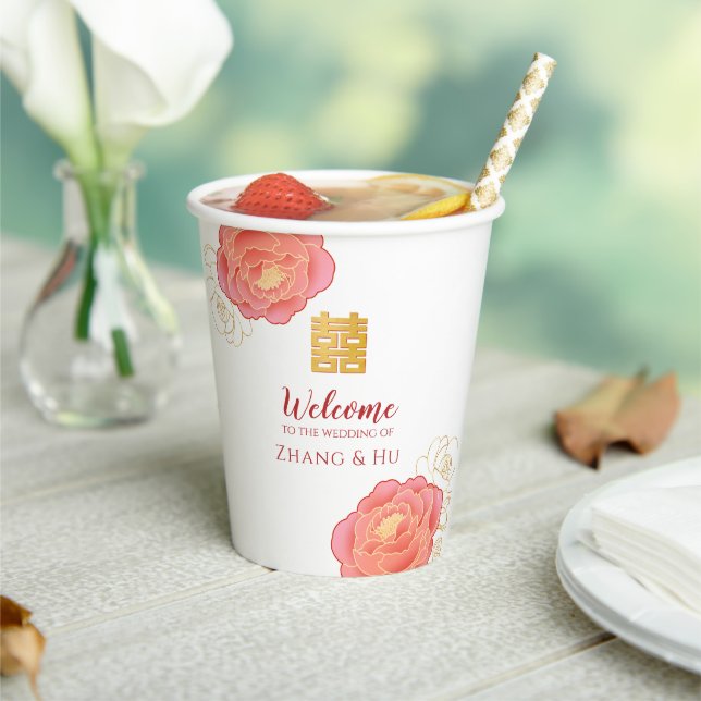 Elegant Gold Peony Chinese Wedding Paper Cups (Insitu)