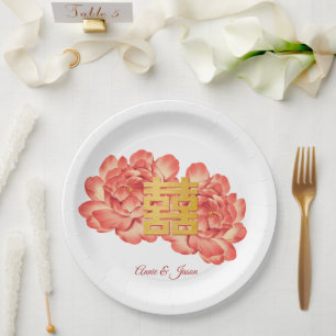 Elegant Gold Peony Chinese Wedding Paper Plates