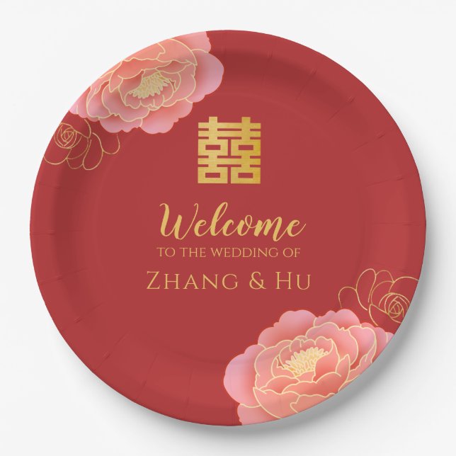 Elegant Gold Peony Chinese Wedding Paper Plates (Front)