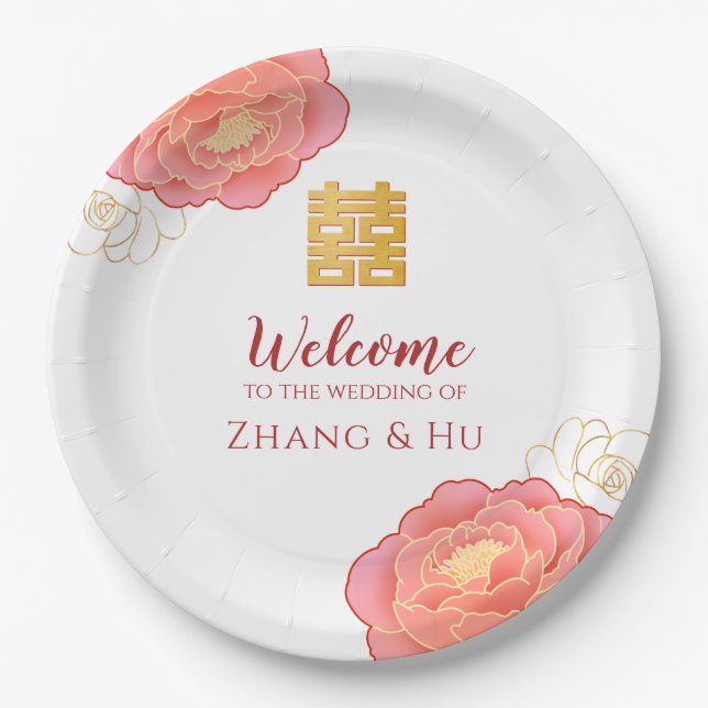 Elegant Gold Peony Chinese Wedding Paper Plates (Front)