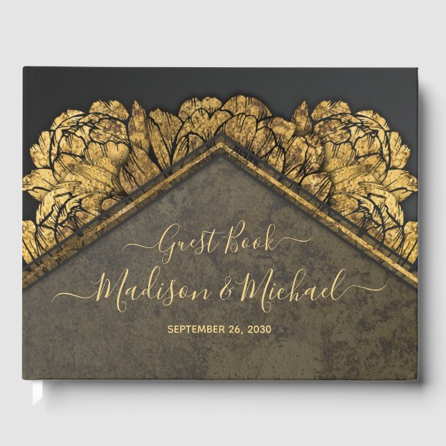 Elegant Gold Peony Floral Wedding Guest Book (Front)
