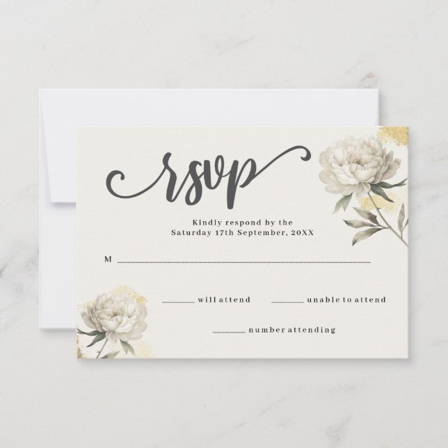 Elegant Gold Peony Floral Wedding RSVP Card (Front)