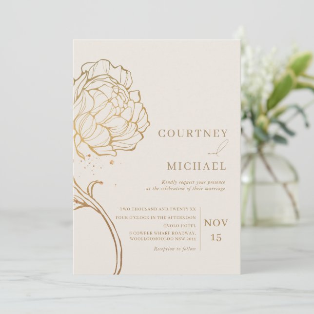 Elegant gold peony line art wedding invitation (Standing Front)