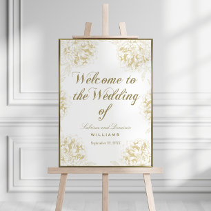 Elegant Gold Peony Line Art Wedding Welcome Poster