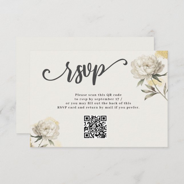 Elegant Gold Peony QR Code Wedding RSVP Card (Front/Back)