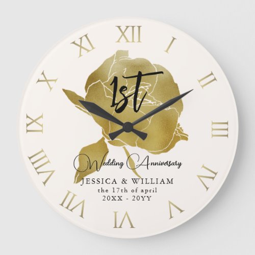 Elegant Gold Peony Wedding Anniversary Keepsake Large Clock