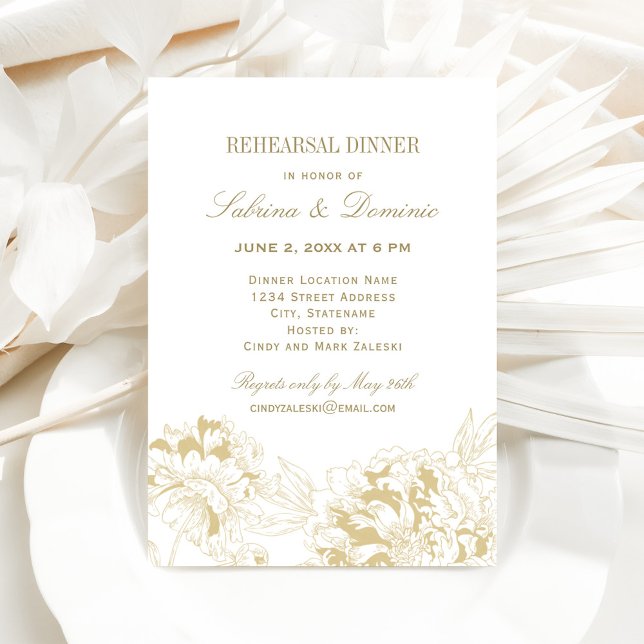 Elegant Gold Peony Wedding Rehearsal Dinner Invitation (Creator Uploaded)
