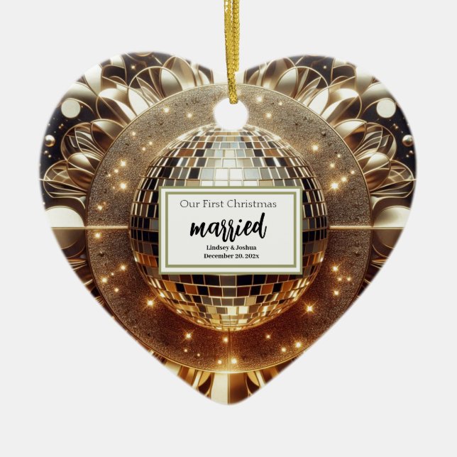 Elegant Gold Personalized First Christmas Newlywed Ceramic Ornament (Front)