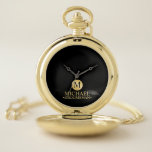 Elegant Gold Personalized Groomsmen Pocket Watch<br><div class="desc">Add a personal touch to your wedding with personalized groomsmen gift This gift features black monogram in gold circle element with name and title in gold classic serif font style on black background. Also perfect for best man, father of the bride and more. Please Note : The foil details are...</div>