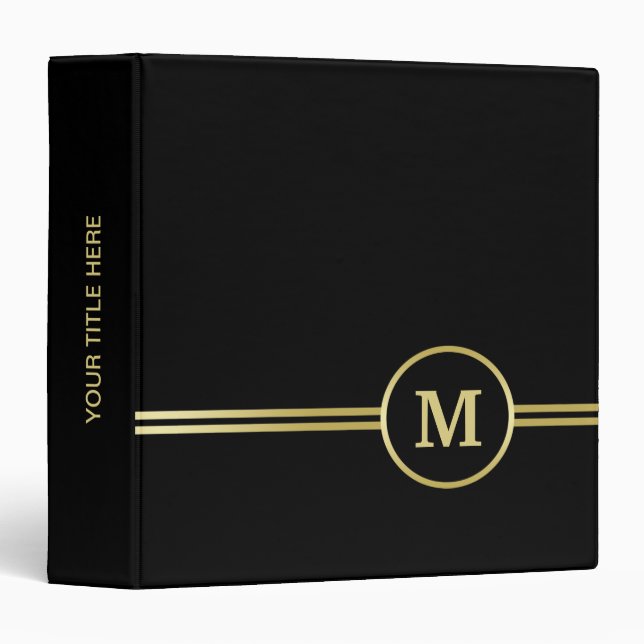 Elegant gold Personalized  Monogram on black  3 Ring Binder (Front/Spine)