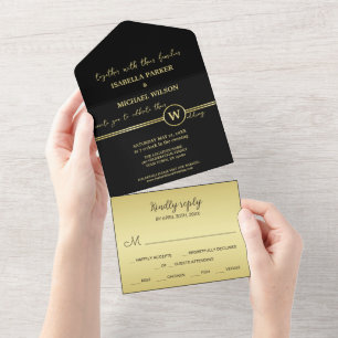 Elegant gold Personalized  Monogram on black  All In One Invitation