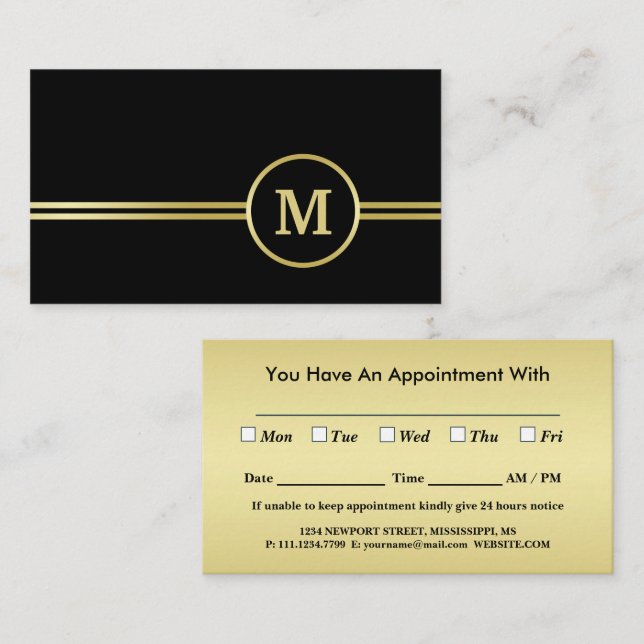 Elegant gold Personalized  Monogram on black  Appointment Card (Front/Back)