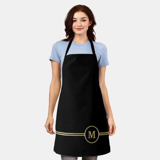 Elegant gold Personalized  Monogram on black  Apron (Worn)