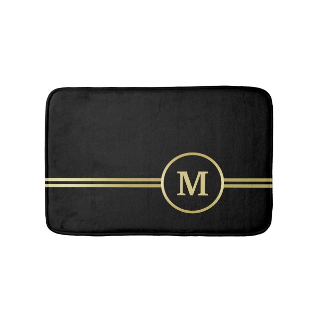 Elegant gold Personalized  Monogram on black  Bath Mat (Front)