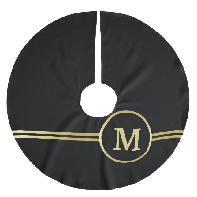 Elegant gold Personalized  Monogram on black  Brushed Polyester Tree Skirt (Front)