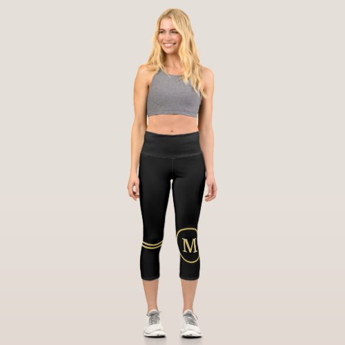 Elegant gold Personalized  Monogram on black  Capri Leggings