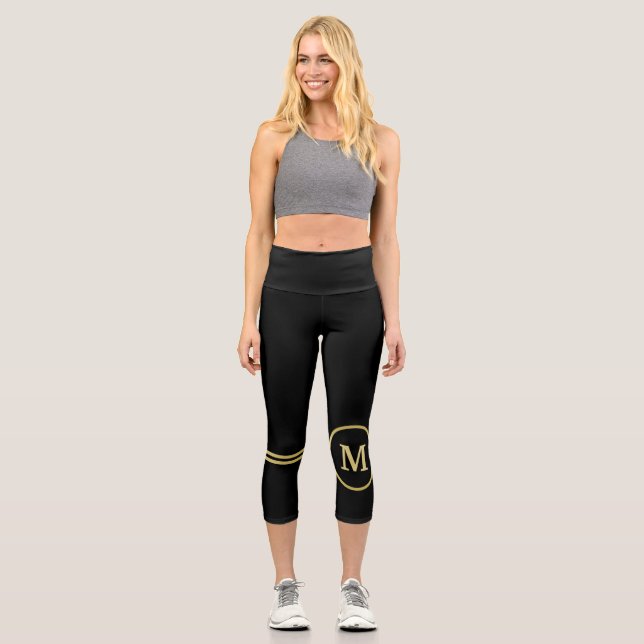 Elegant gold Personalized  Monogram on black  Capri Leggings (Front)