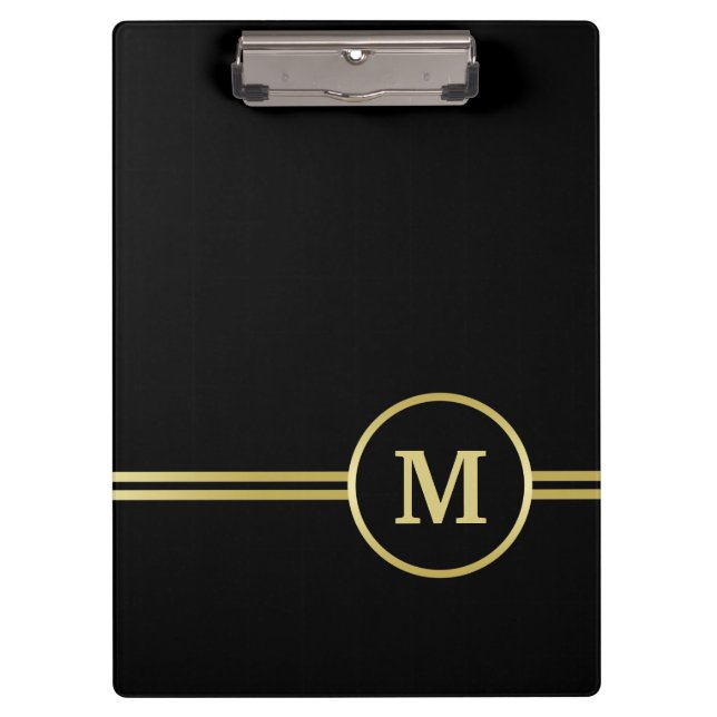 Elegant gold Personalized  Monogram on black  Clipboard (Front)