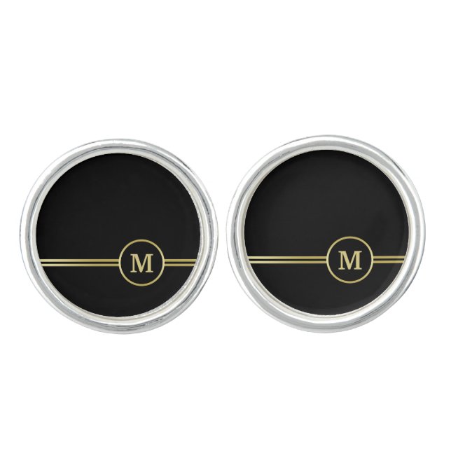 Elegant gold Personalized  Monogram on black  Cufflinks (Front)