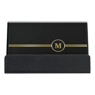 Elegant gold Personalized Monogram on black Desk Business Card Holder