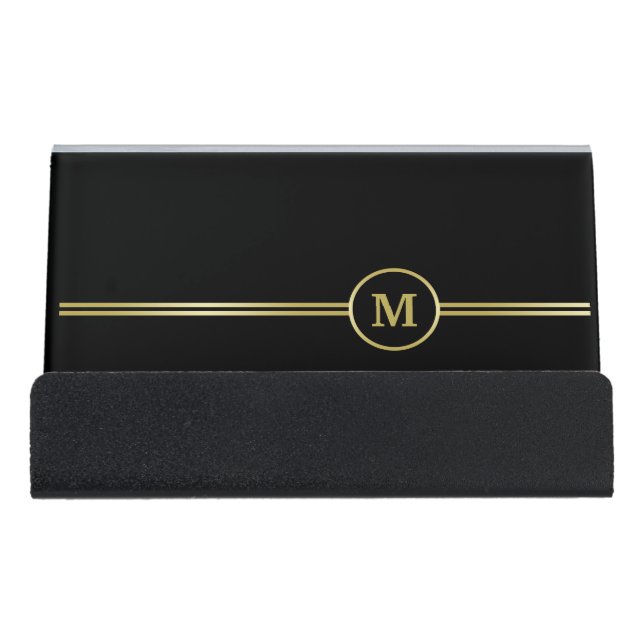 Elegant gold Personalized  Monogram on black  Desk Business Card Holder (Front)