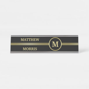 Elegant gold Personalized Monogram on black Desk Name Plate