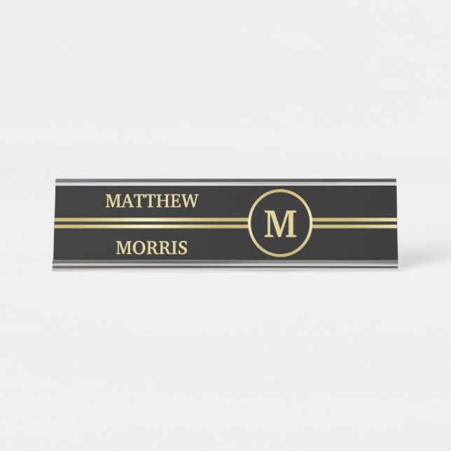 Elegant gold Personalized  Monogram on black  Desk Name Plate (Front)