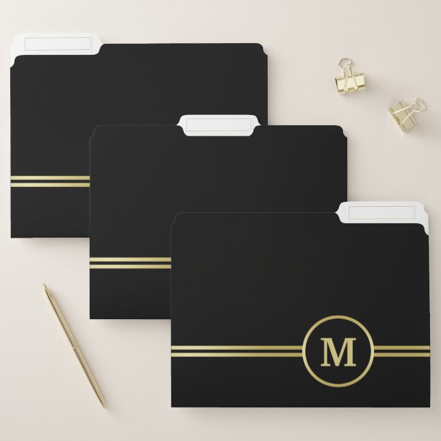 Elegant gold Personalized  Monogram on black  File Folder (Set)