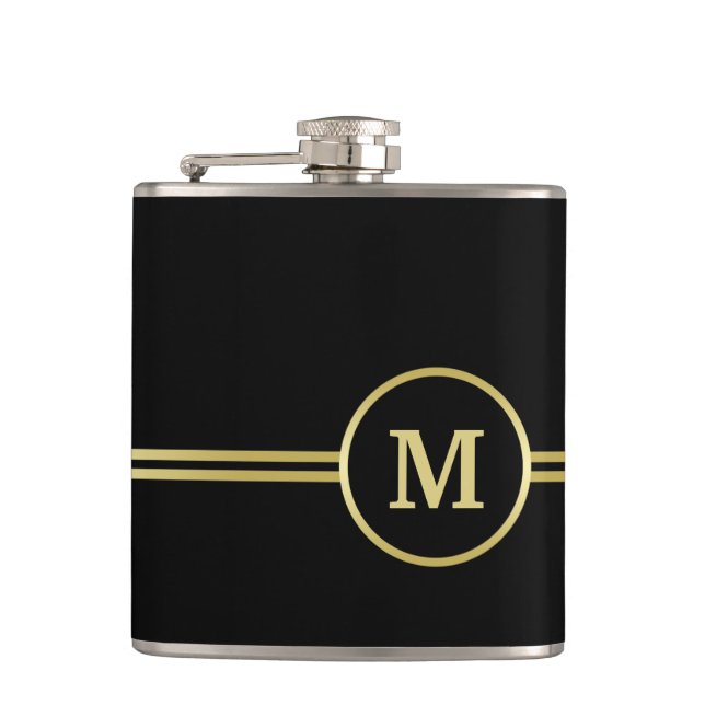 Elegant gold Personalized  Monogram on black  Flask (Front)
