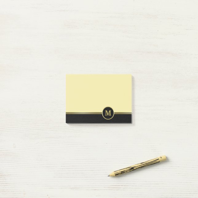 Elegant gold Personalized  Monogram on Black Gold Post-it Notes (On Desk)