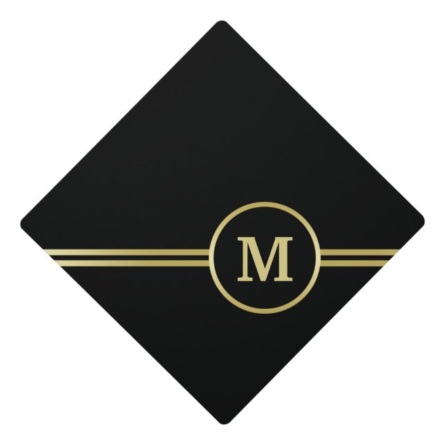 Elegant gold Personalized  Monogram on black  Graduation Cap Topper (Front)