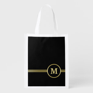 Elegant gold Personalized  Monogram on black  Grocery Bag