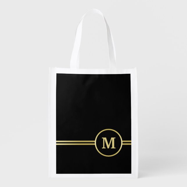 Elegant gold Personalized  Monogram on black  Grocery Bag (Front)