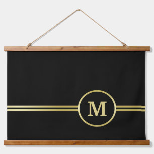 Elegant gold Personalized Monogram on black Hanging Tapestry
