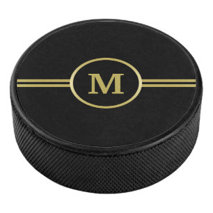 Elegant gold Personalized  Monogram on black  Hockey Puck
